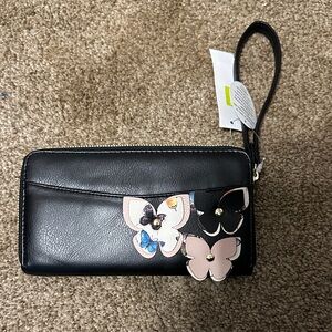 Black Faux Leather Wristlet/Wallet with Butterfly Accents
